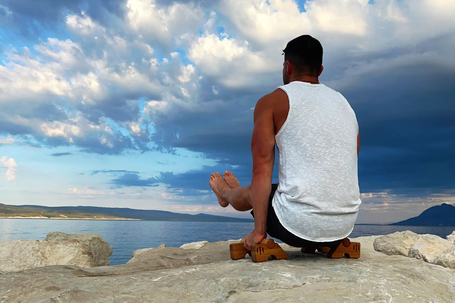 Calisthenics L-sit exercise on FSC-certified wooden parallettes