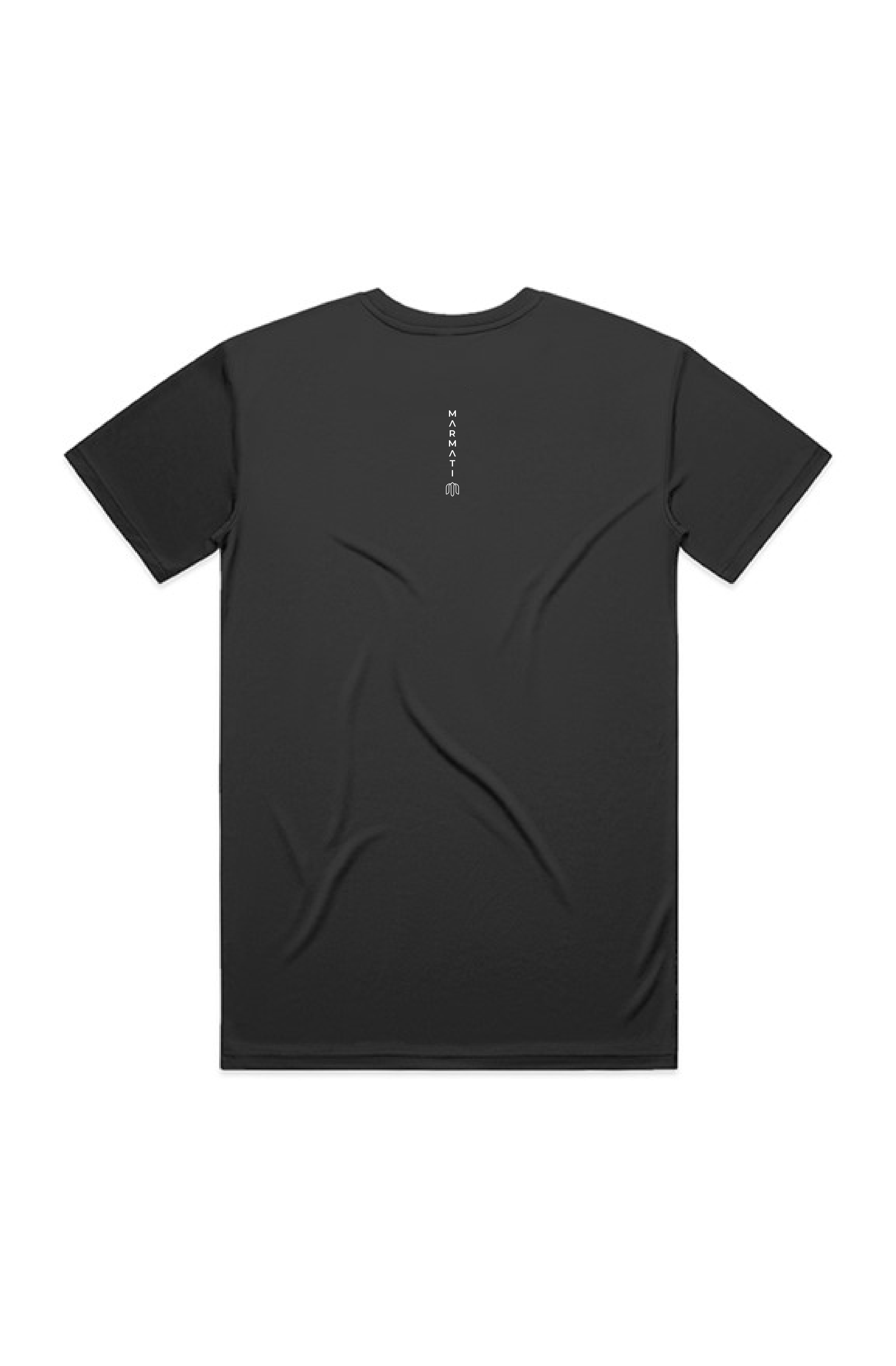 Black t-shirt with white text on the back against a white background