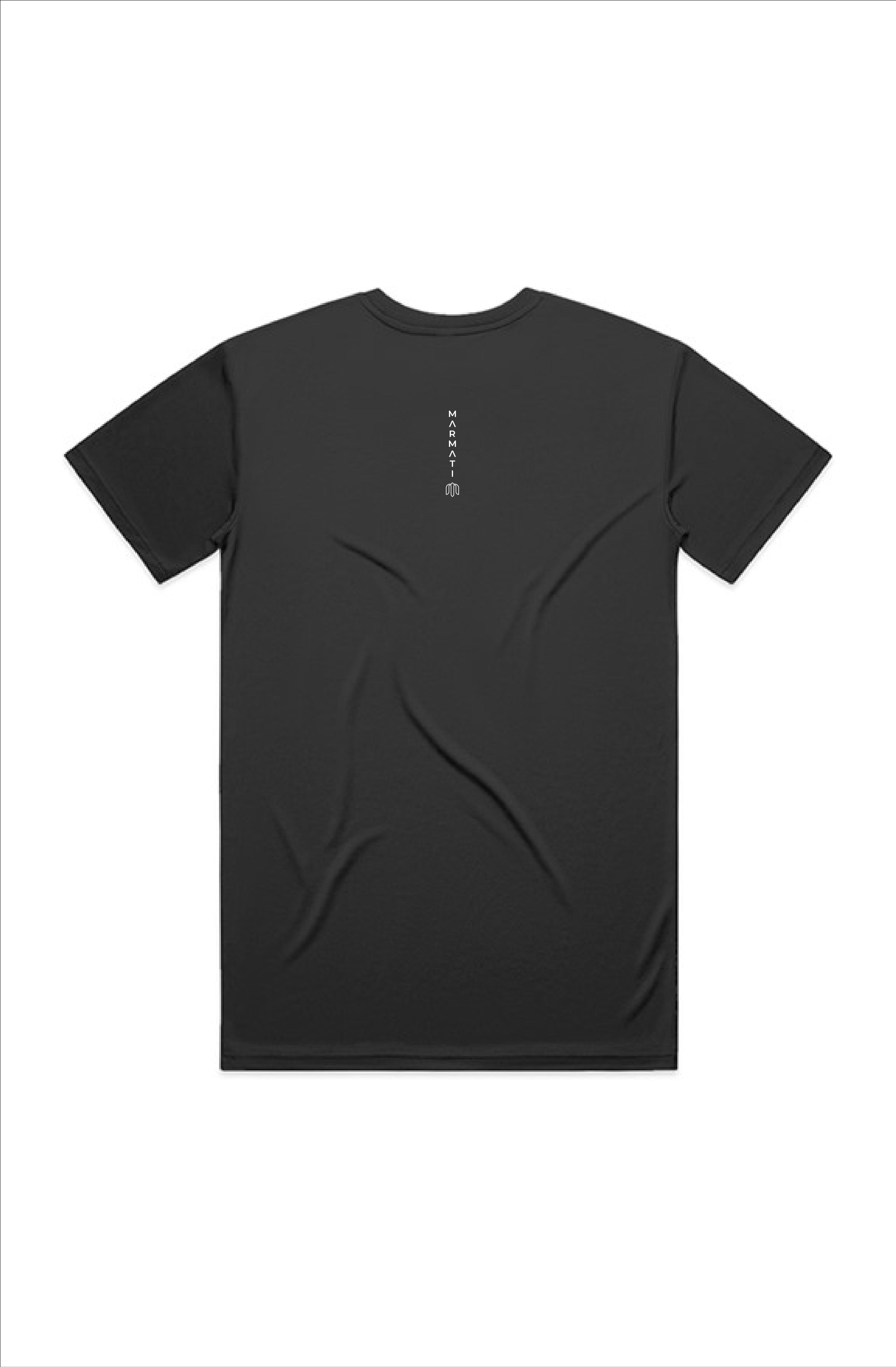 Black t-shirt with white text on the back against a white background