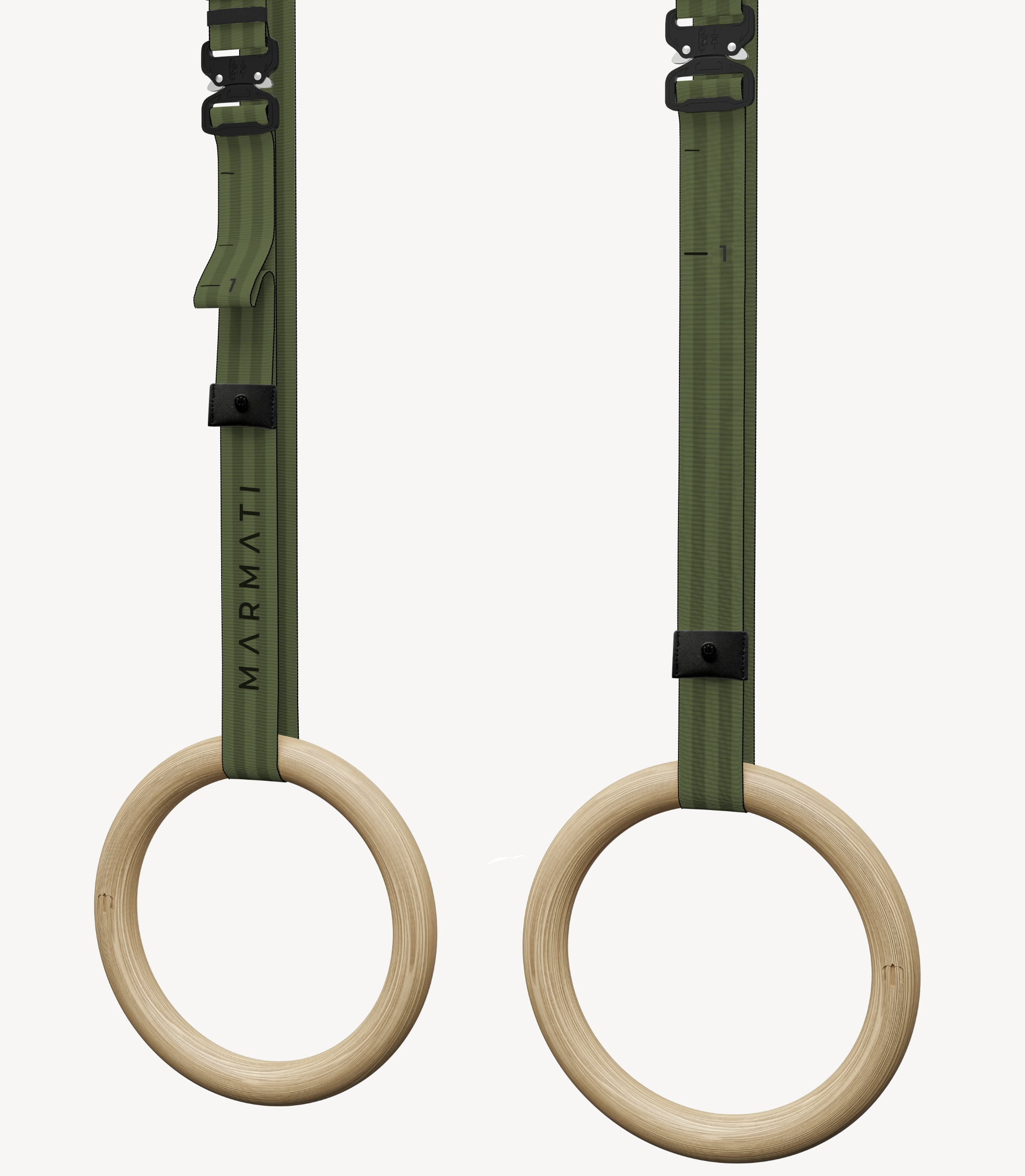 Wooden olympic gymnastic rings for sustainable fitness training. These exercise rings will bring seamless calisthenics workout. Portable gym rings with adjustable straps are made sustainably. #color_military #size_28mm