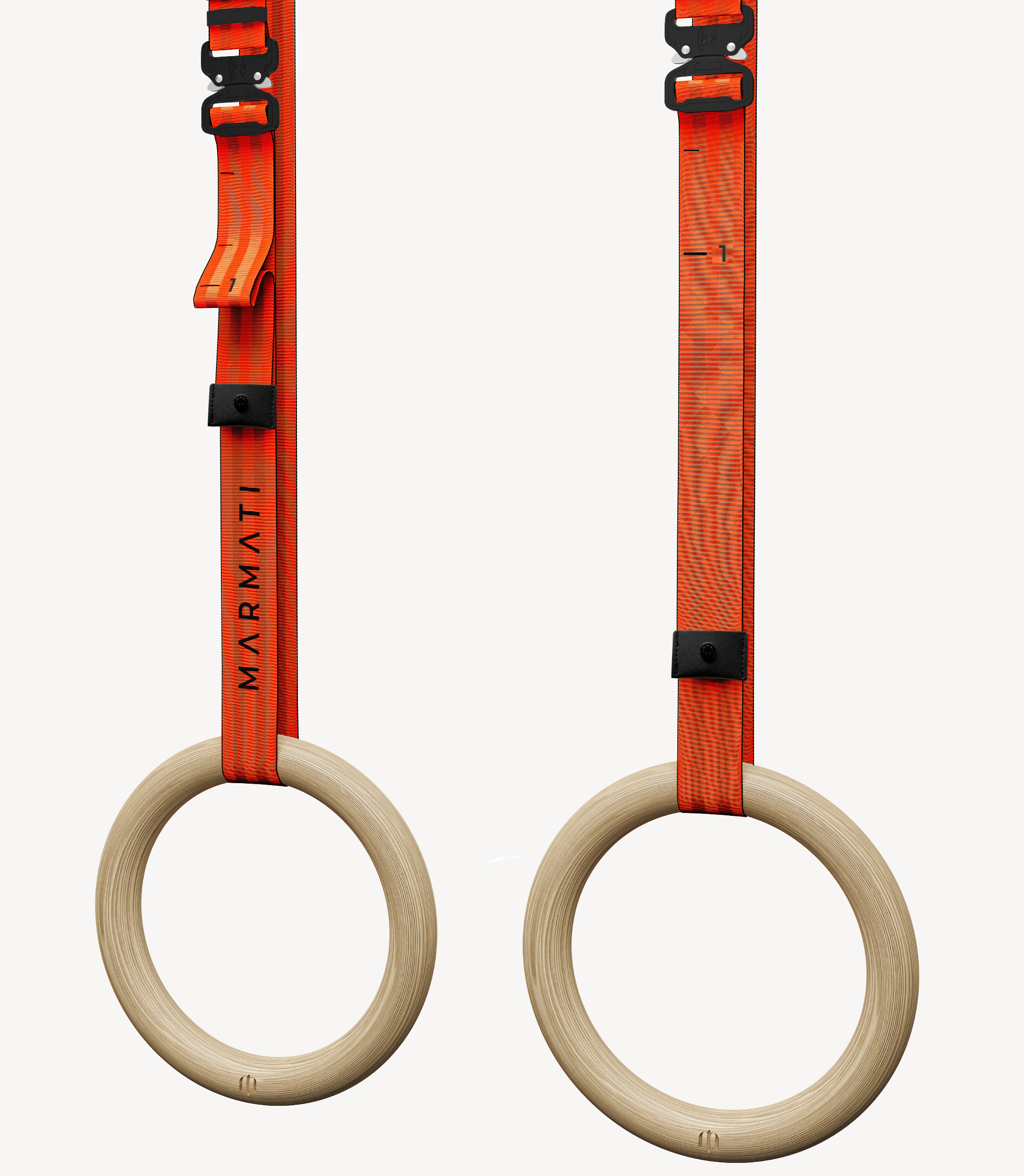 Wooden gymnastic rings with vibrant orange straps, ideal for calisthenics, hang vertically against a white background. #color_orange #size_32mm