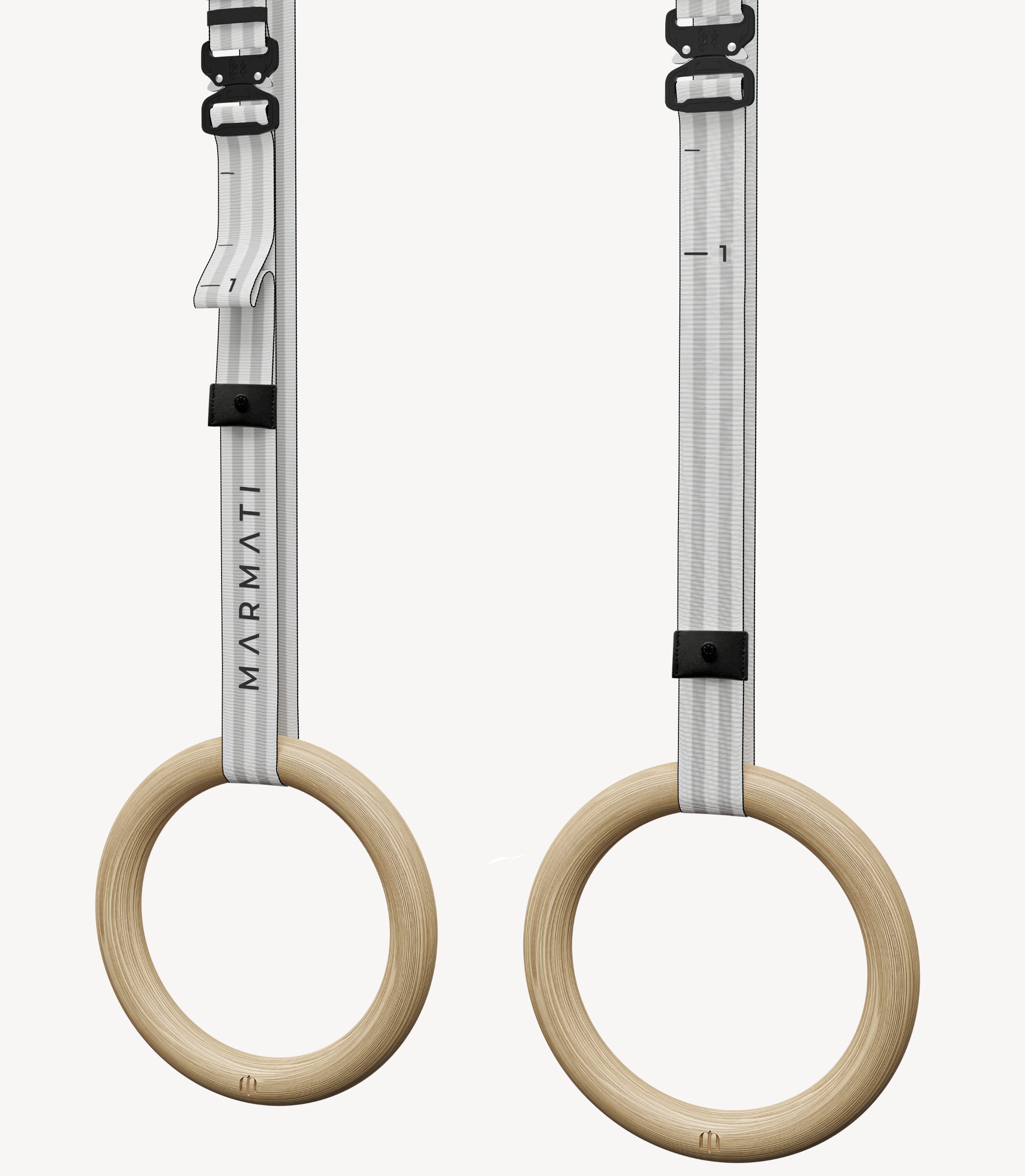 Two wooden gymnastic rings with adjustable white straps against a white background. Made for fitness. #color_white #size_32mm