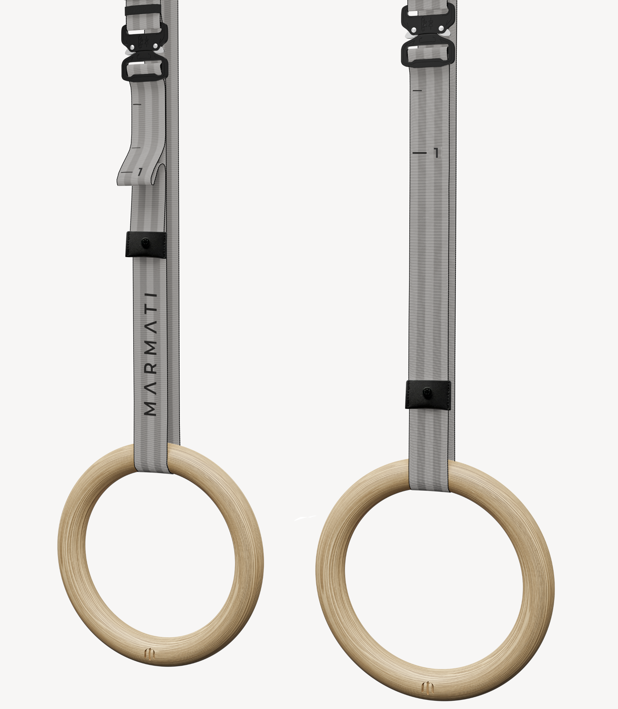 Pair of gymnastic rings with wooden rings and metal stands on a white background, featuring the Marmati brand. #color_grey #size_32mm