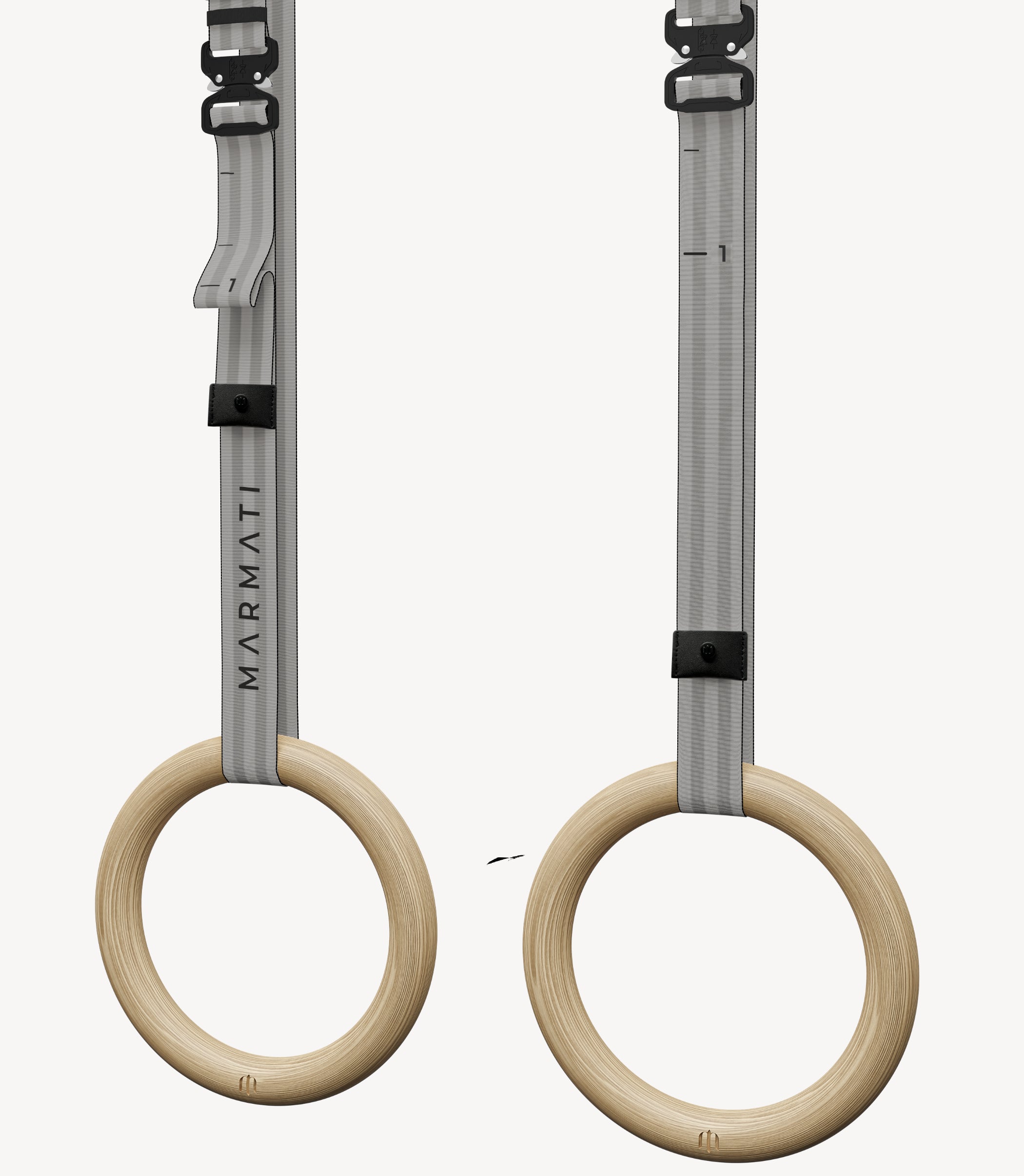 Pair of gymnastic rings with wooden rings and metal stands on a white background, featuring the Marmati brand. #color_grey #size_32mm