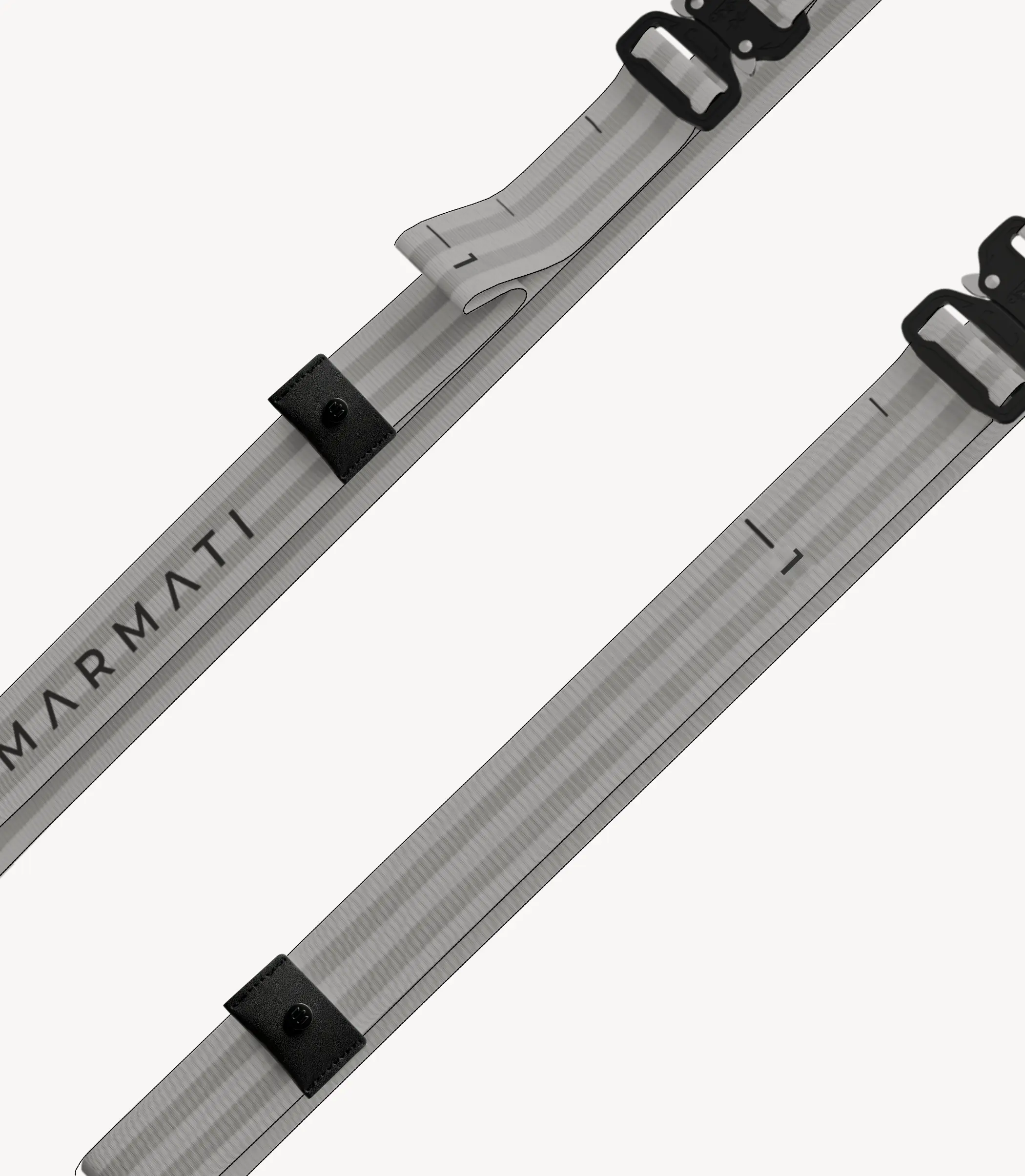 Two silver straps for gymnastic rings on a white background