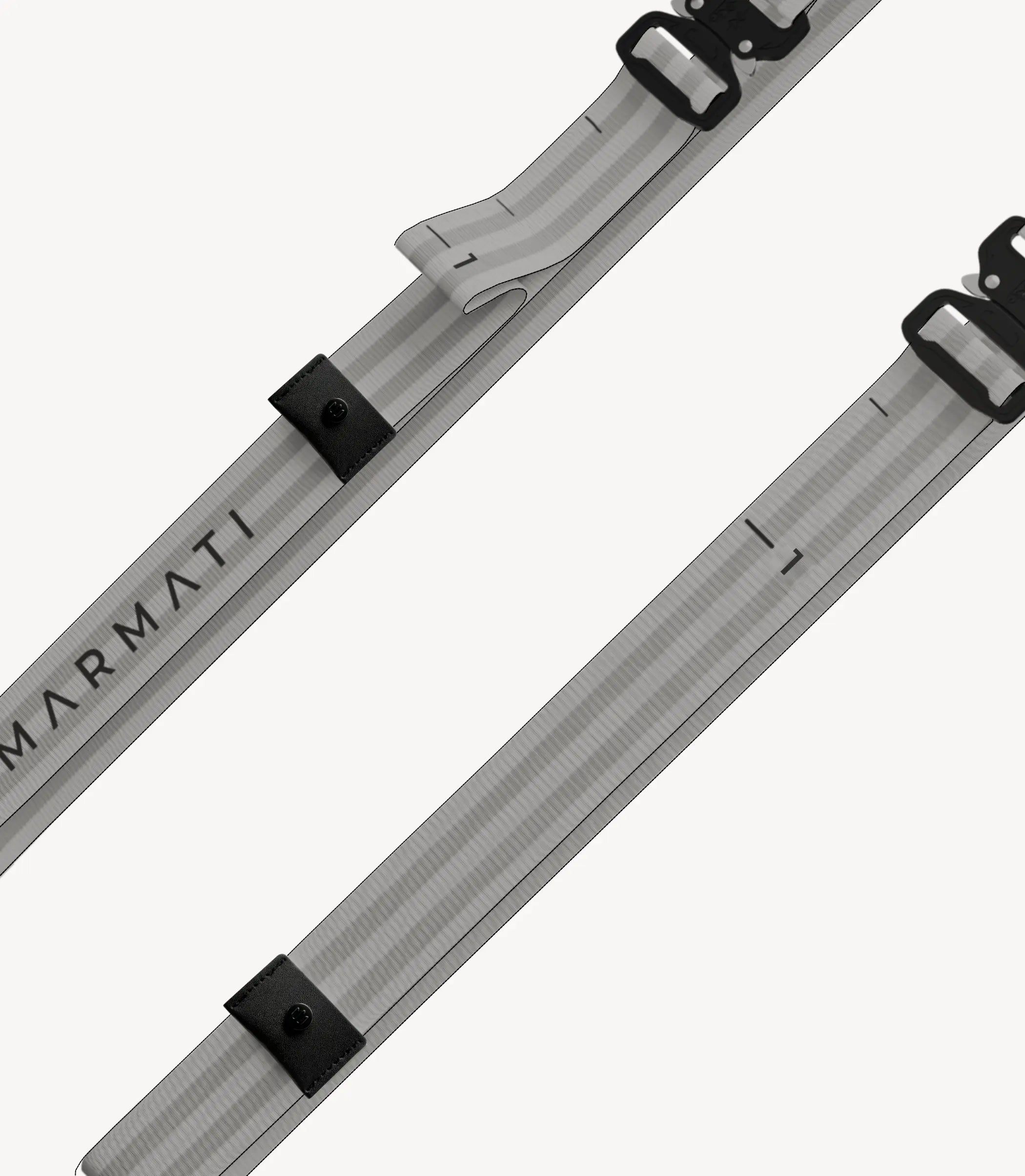 Two silver straps for gymnastic rings on a white background