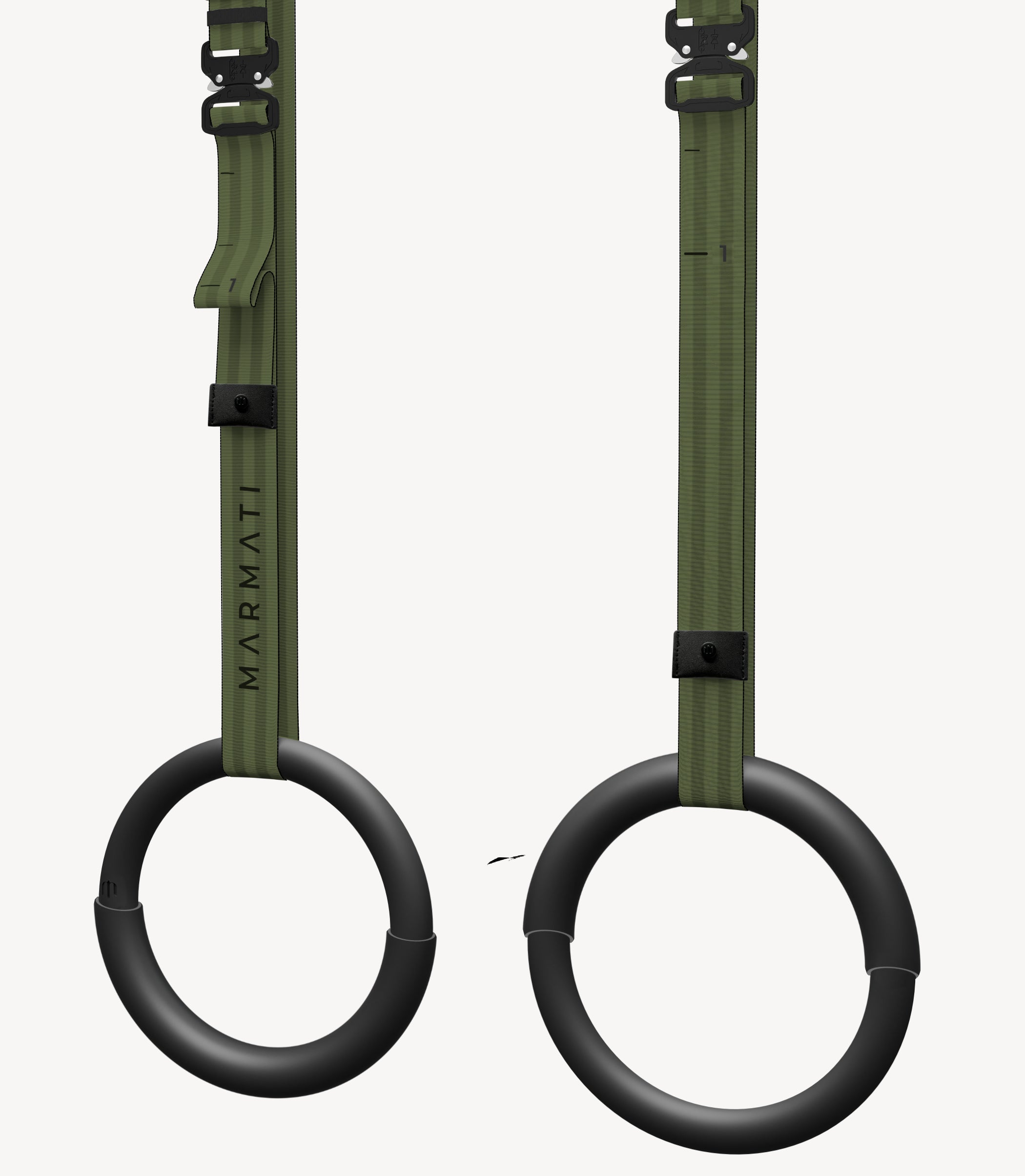 Hybrid gymnastic rings featuring dual thickness: one side 32mm and the other 28mm, designed for versatility and advanced grip. Durable and eco-friendly, perfect for fitness, calisthenics, and gymnastics training. #color_military #size_hybrid