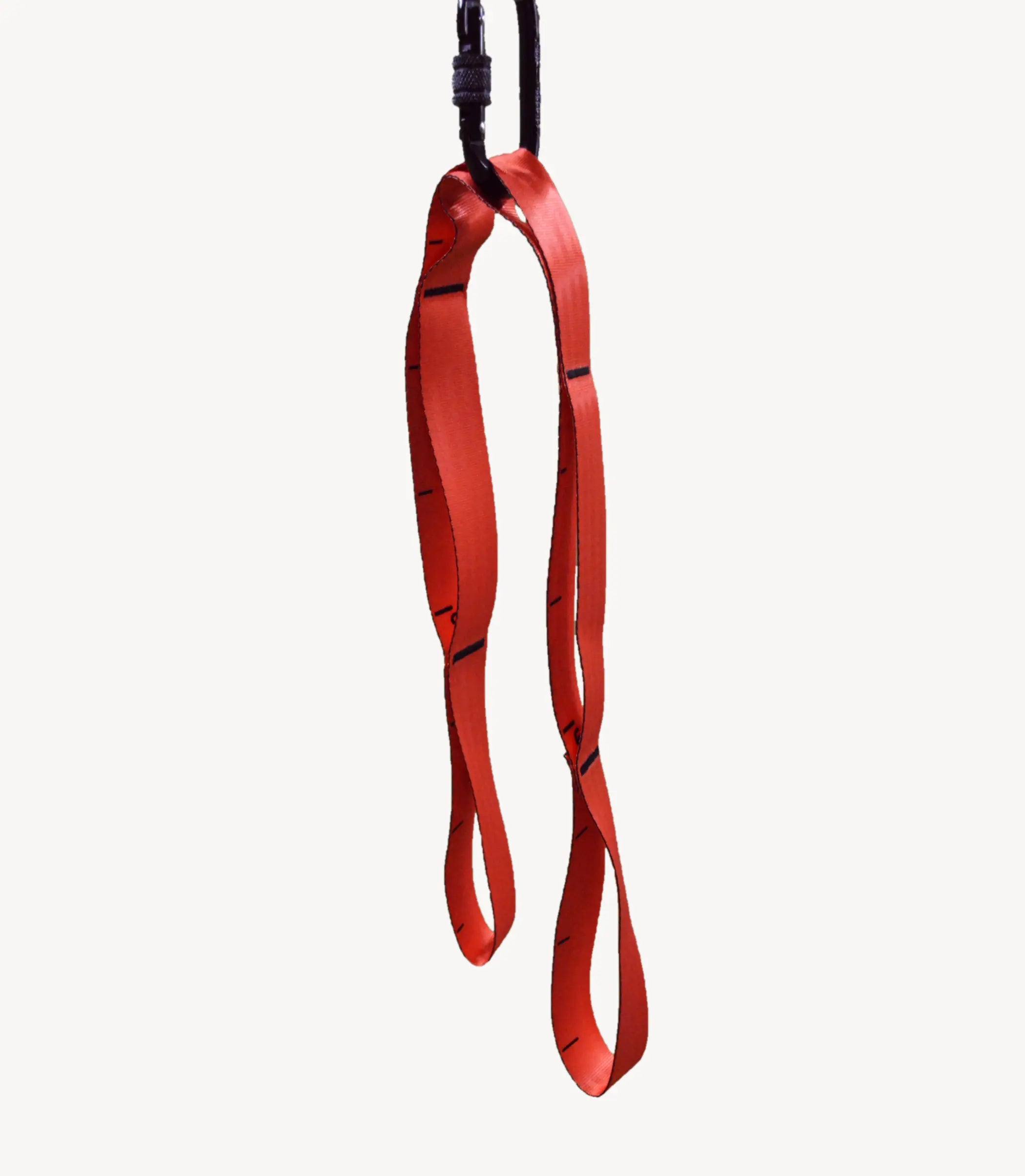 A red webbing sling or strap with black stitched markings hangs from a black cord against a plain off-white background. #color_orange