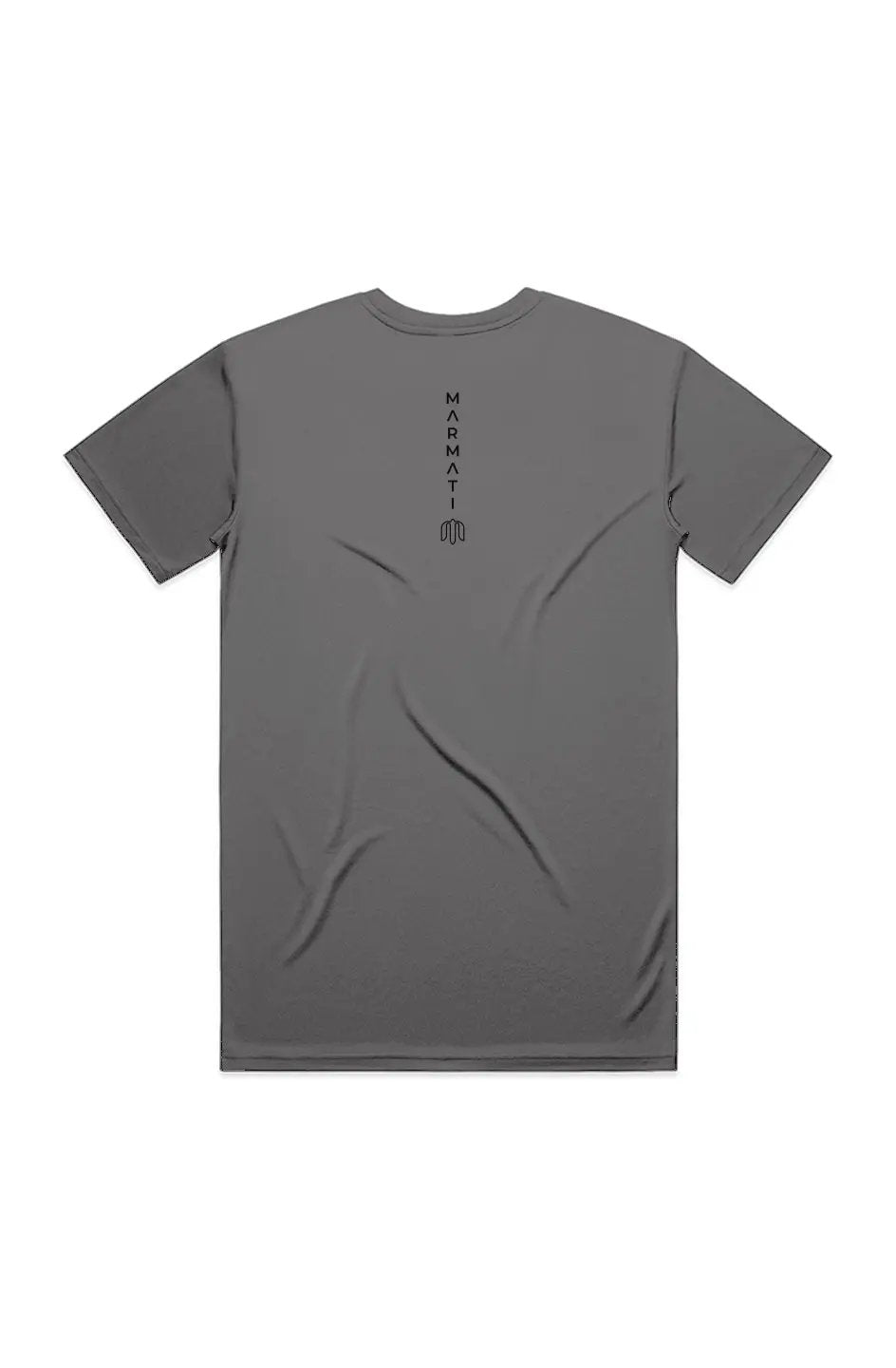 Gray t-shirt with a small logo on the back against a white background