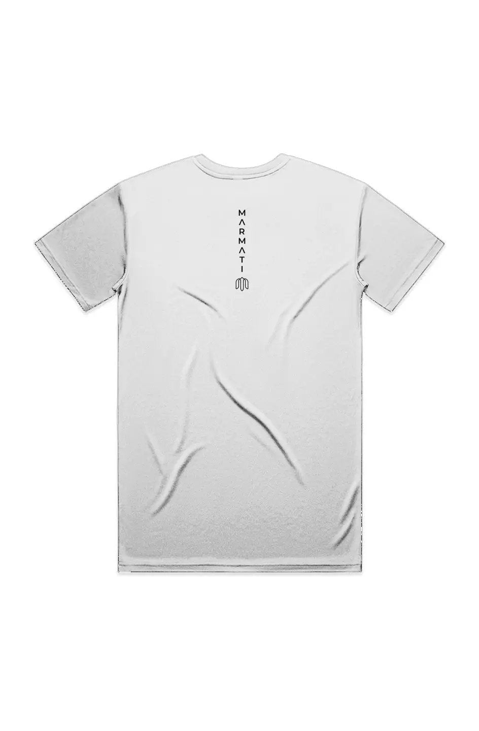 Gray t-shirt with a logo on the back against a white background