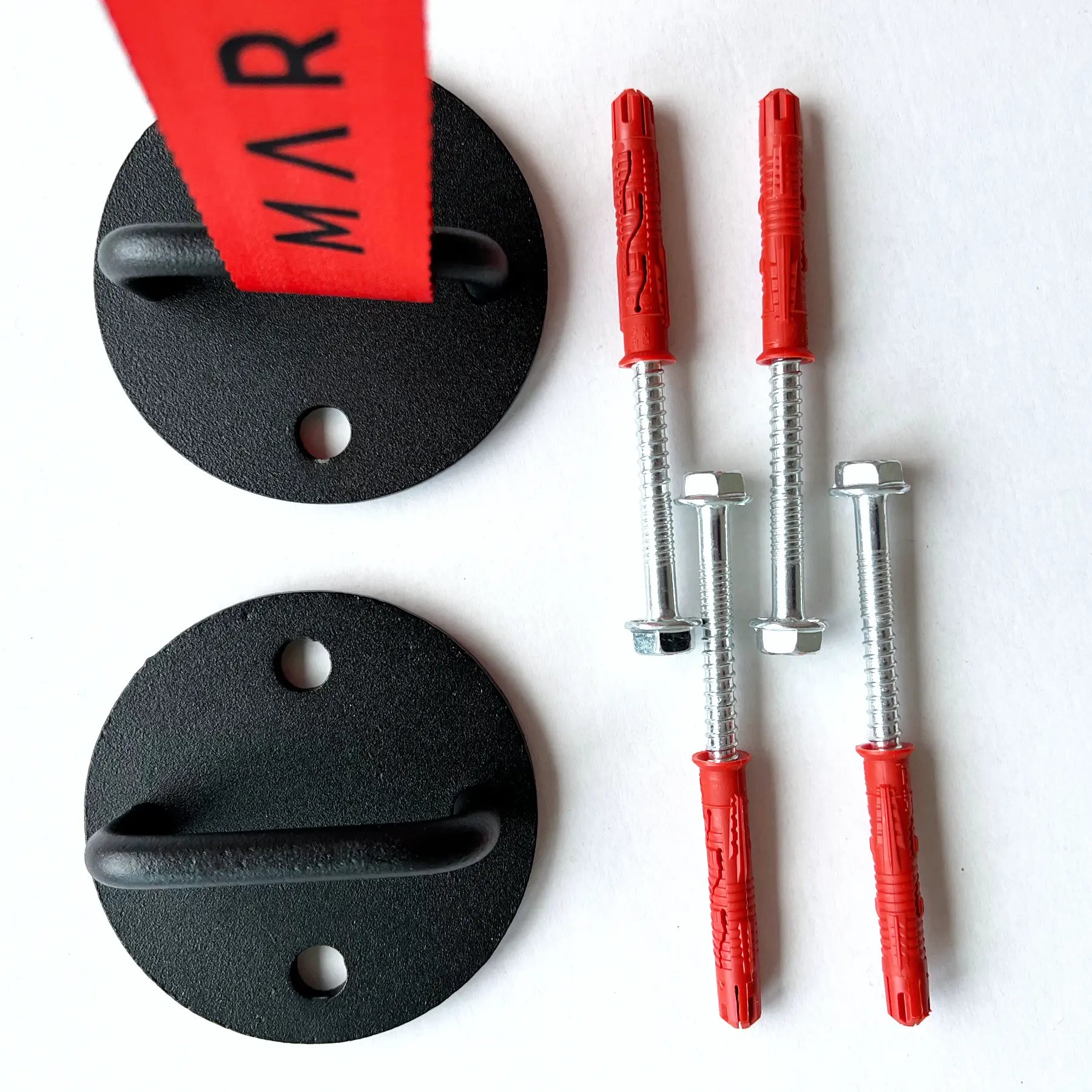 Two black ceiling mounts with mounting hardware, including screws and a red tension spring.