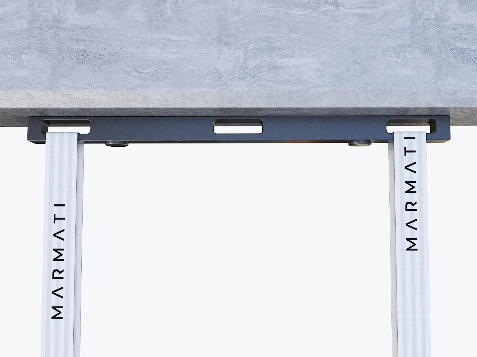 Concrete surface with a metal support structure featuring 'Marmati' branding. #color_black
