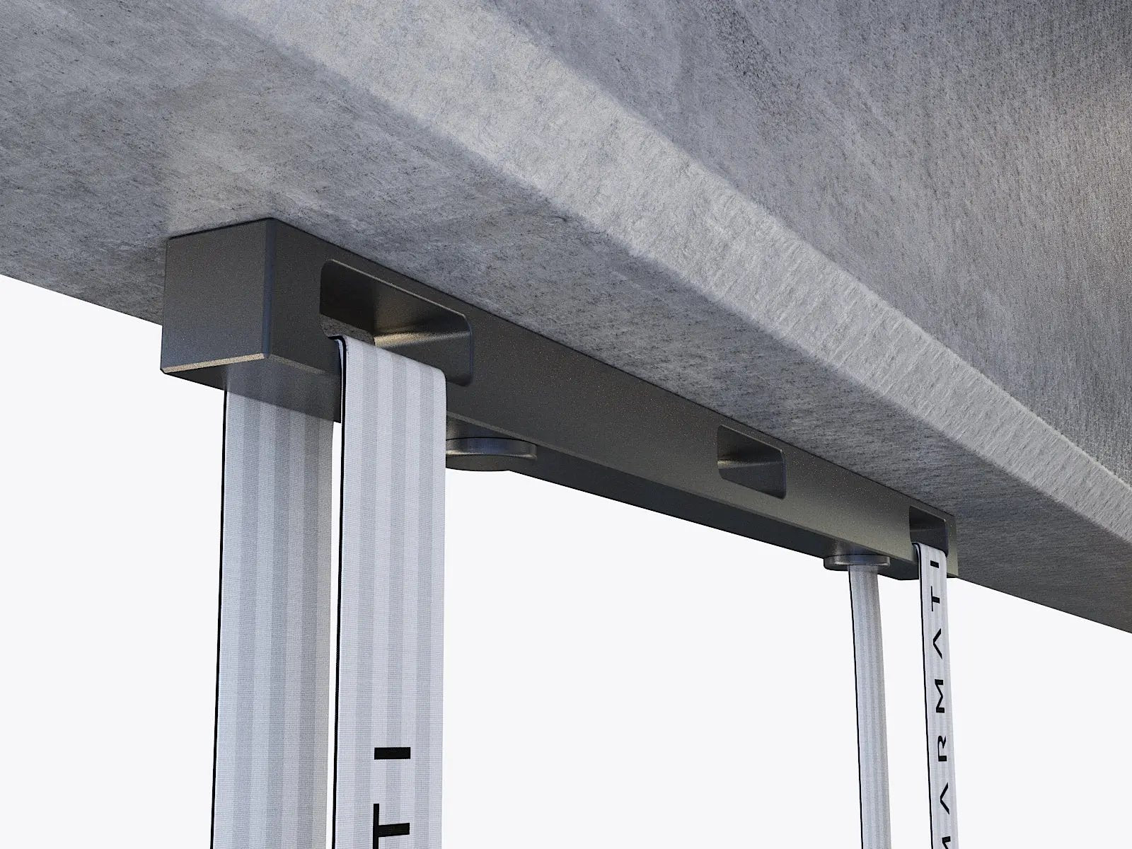 Close-up of a metal ceiling mount attached to a concrete surface with Marmati branding. #color_black