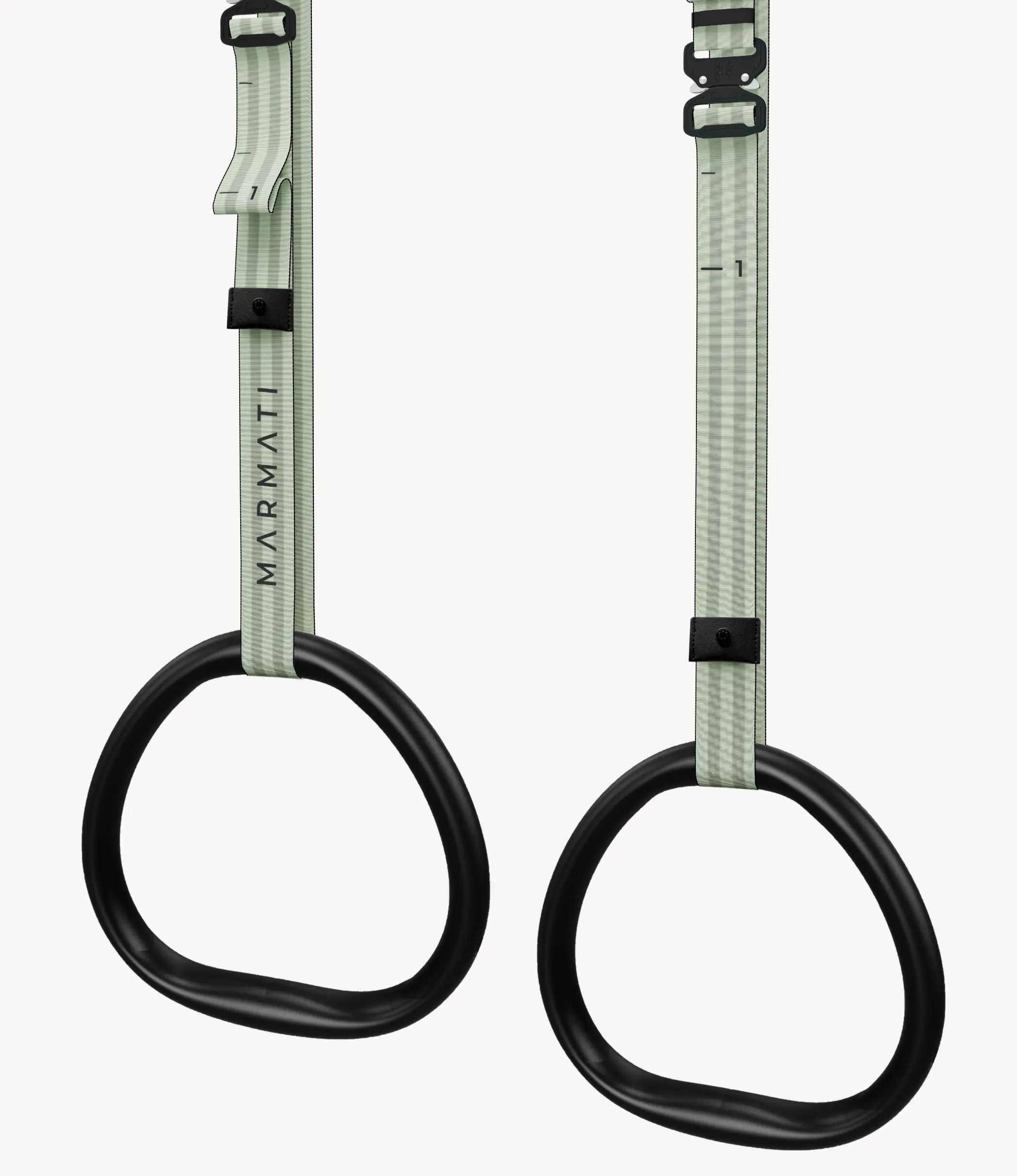 Close-up of wooden gymnastic rings with an ergonomic handle, suspended from durable black straps.