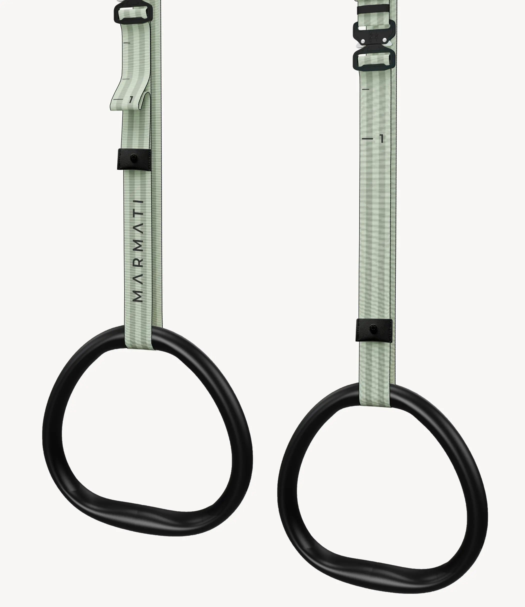 Close-up of wooden gymnastic rings with an ergonomic handle, suspended from durable black straps.