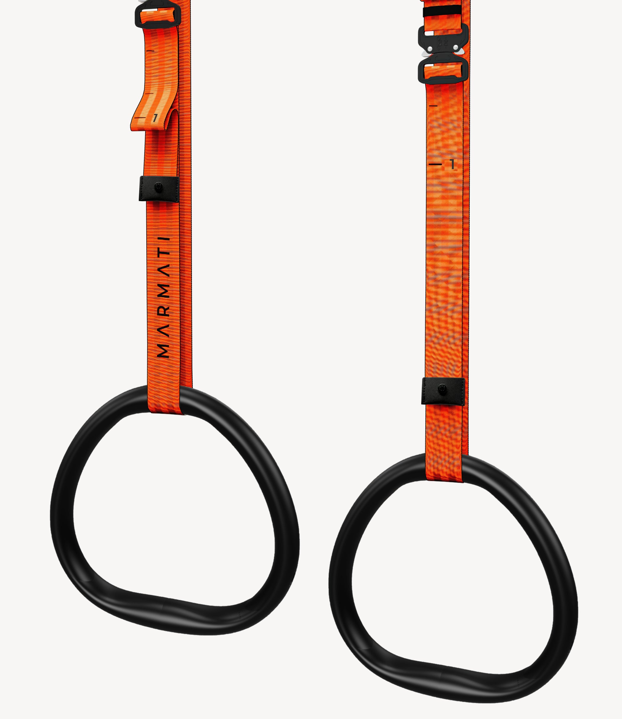 Ergonomic gymnastic rings with aluminum handles for superior grip and comfort. Adjustable straps for fitness, gymnastics, and crossfit training exercises in orange colour of the recycled straps.