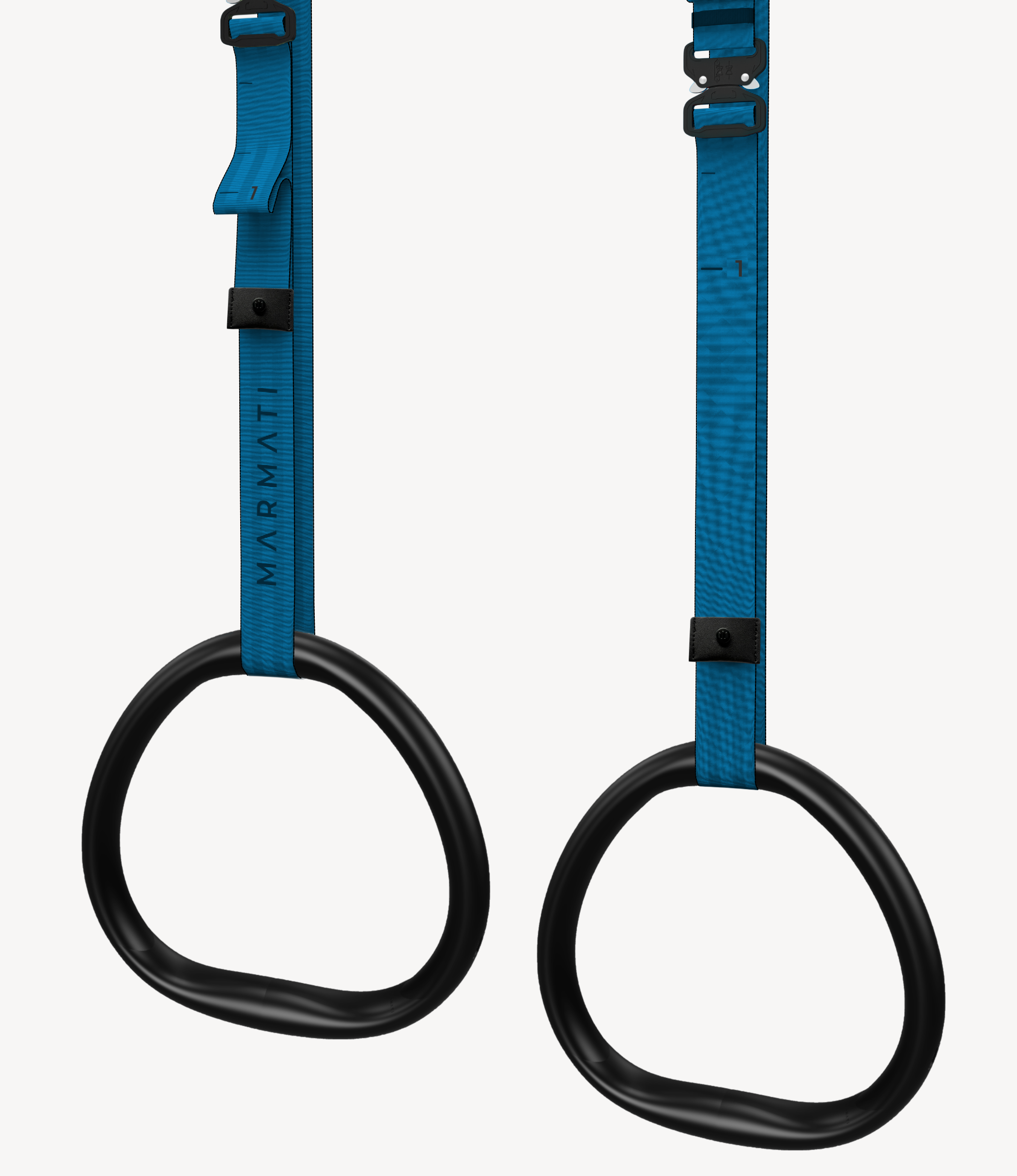 Ergonomic gymnastic rings with aluminum handles for superior grip and comfort. Adjustable straps are made with fast-clip connection from recycled pet bottles in navy blue colour. 