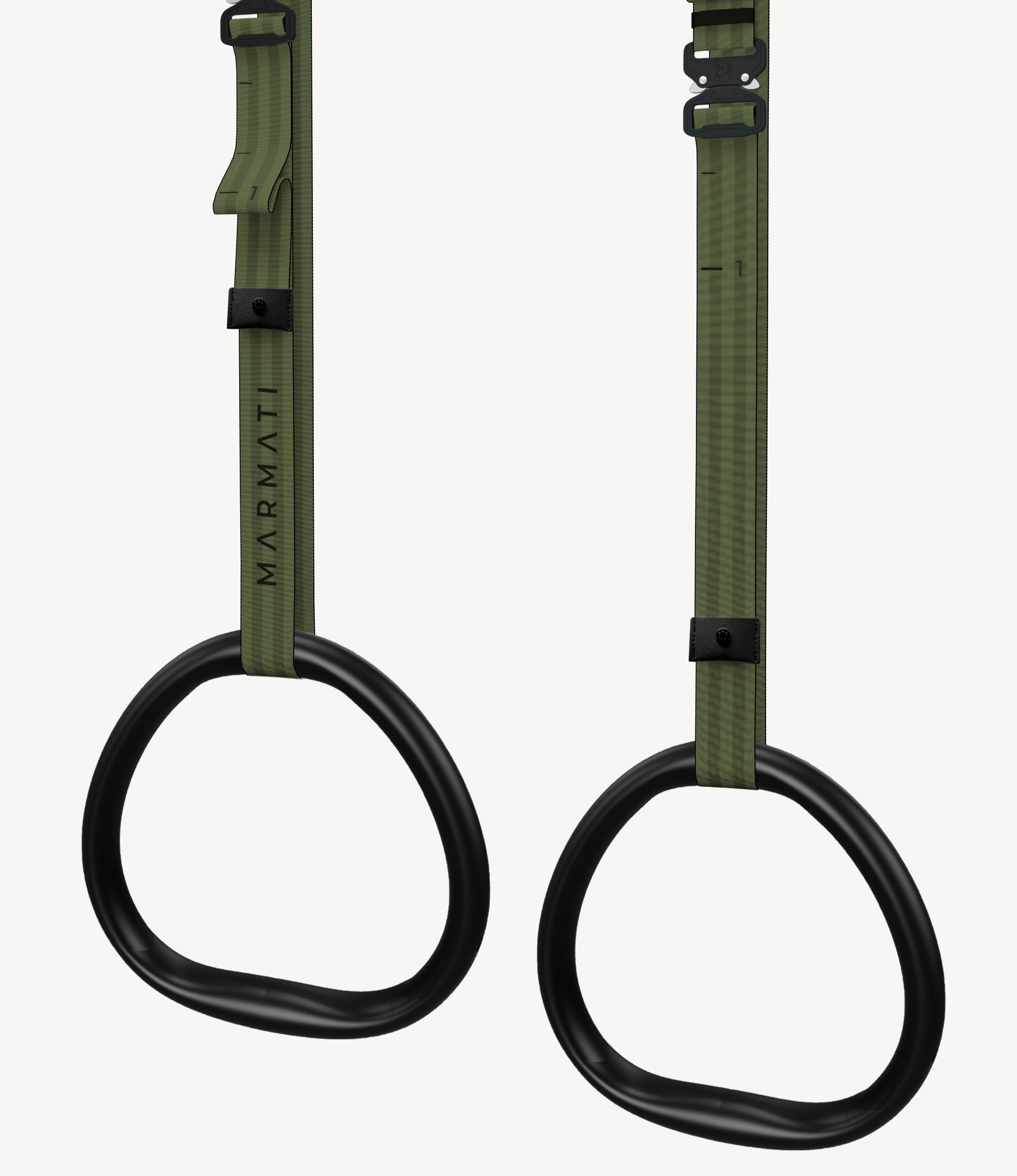 Grippy gymnastic rings with aluminum handles for superior grip and comfort. Easy setup straps are in military green colour. Durable, portable design ideal for home or outdoor workouts.