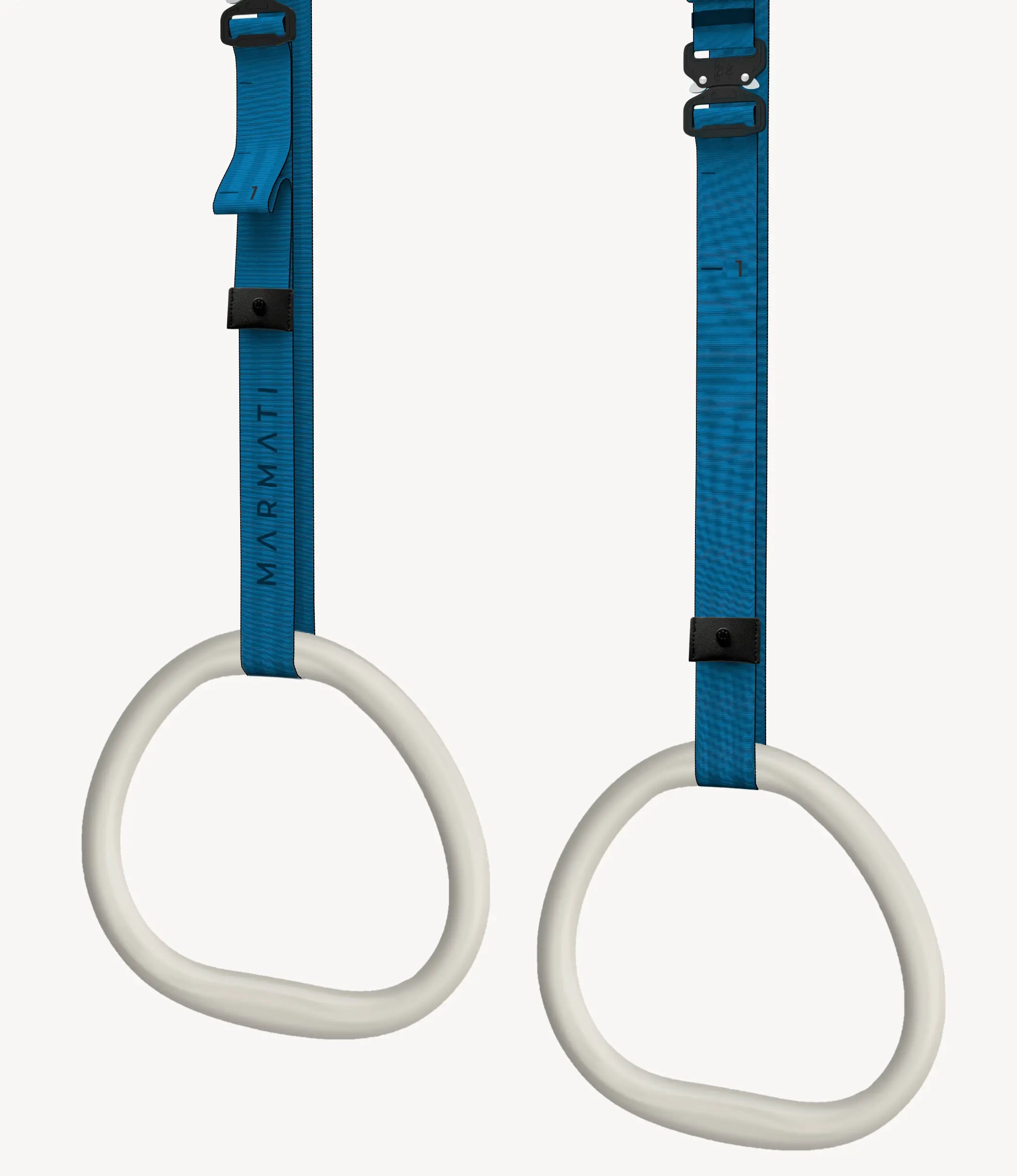 Close-up of wooden gymnastic rings with an ergonomic handle, suspended from durable black straps. Blue Straps, White rings