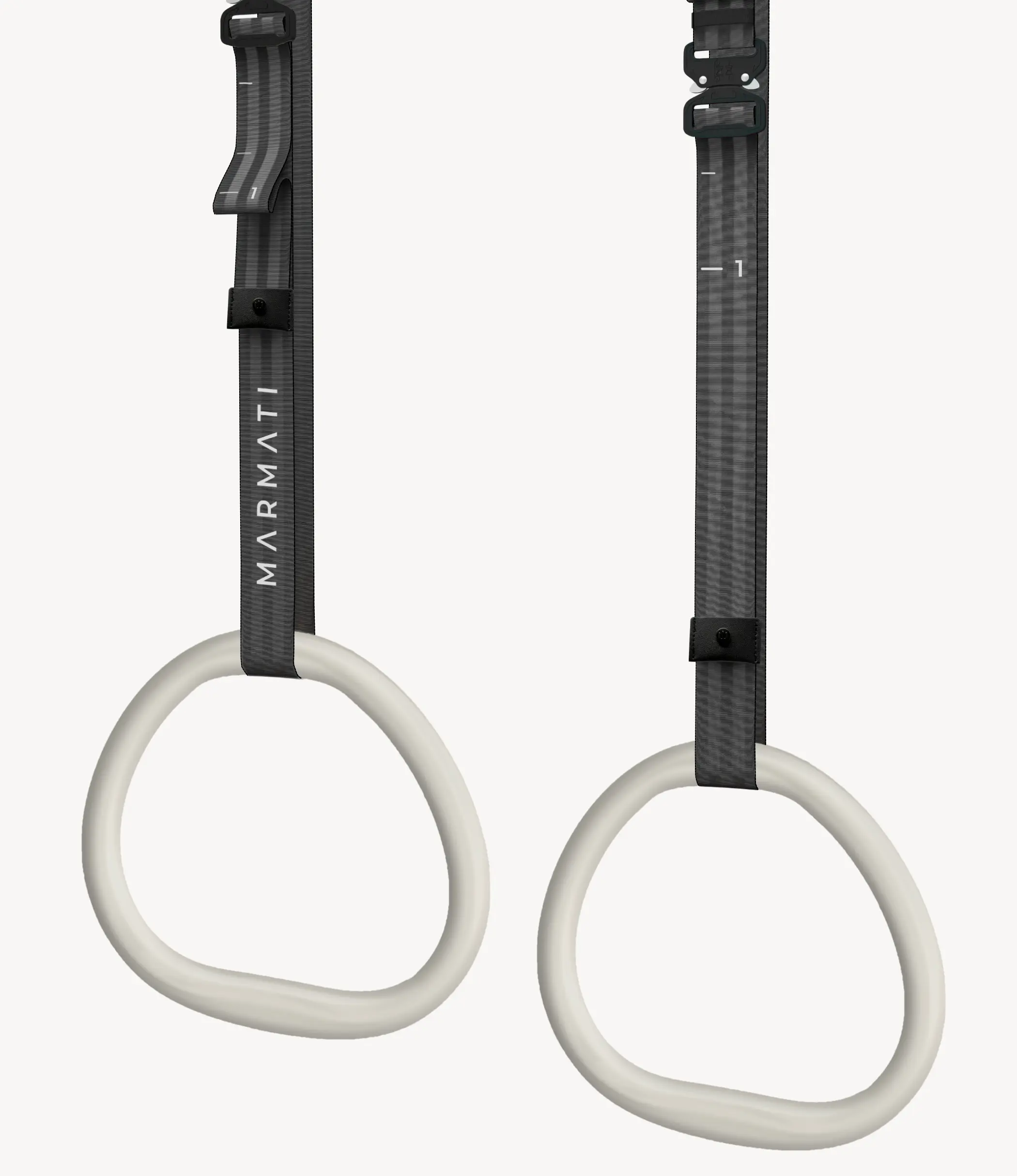 Gymnastic rings with contoured ergonomic handles for improved comfort and control.