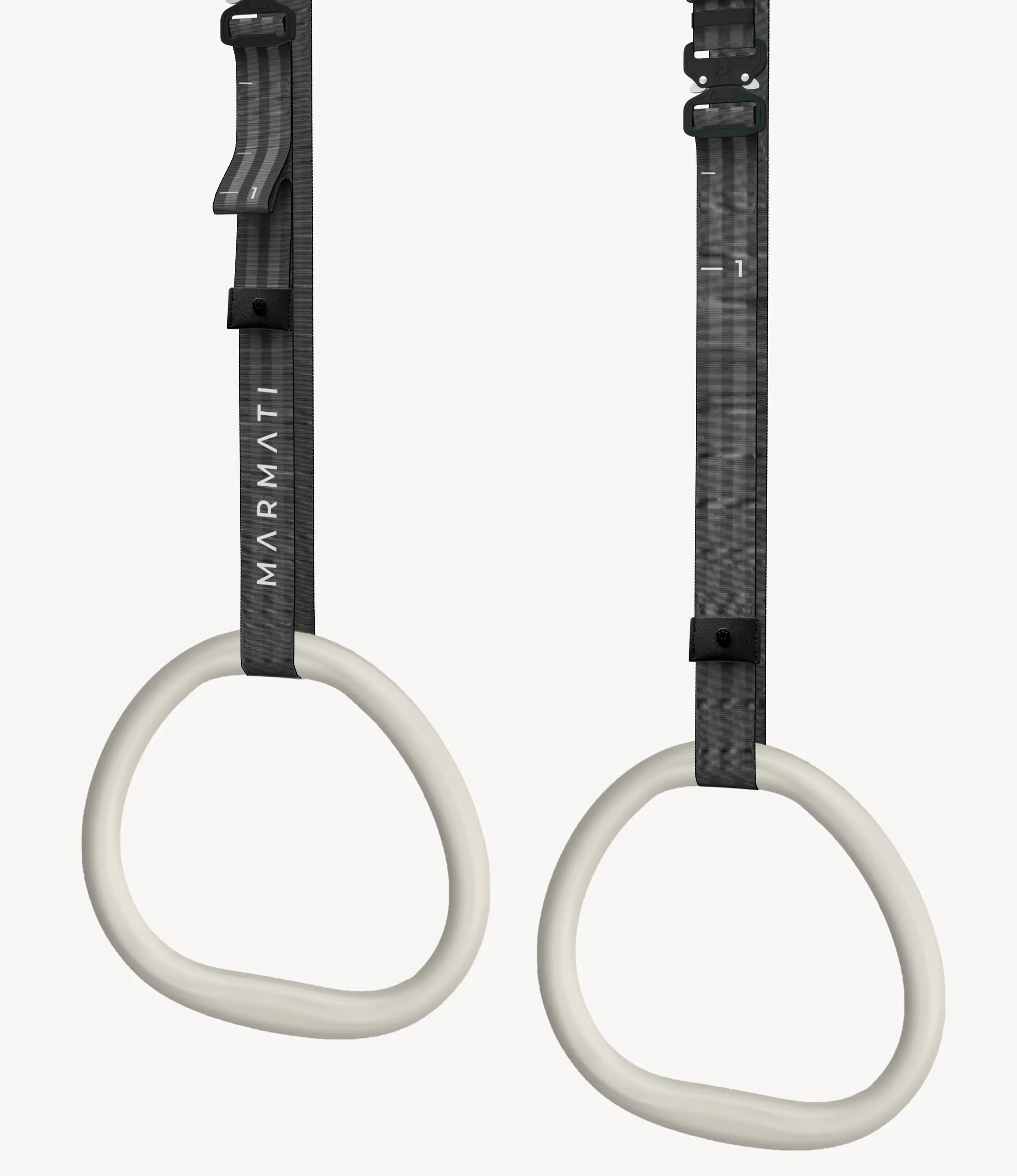 Gymnastic rings with contoured ergonomic handles for improved comfort and control.