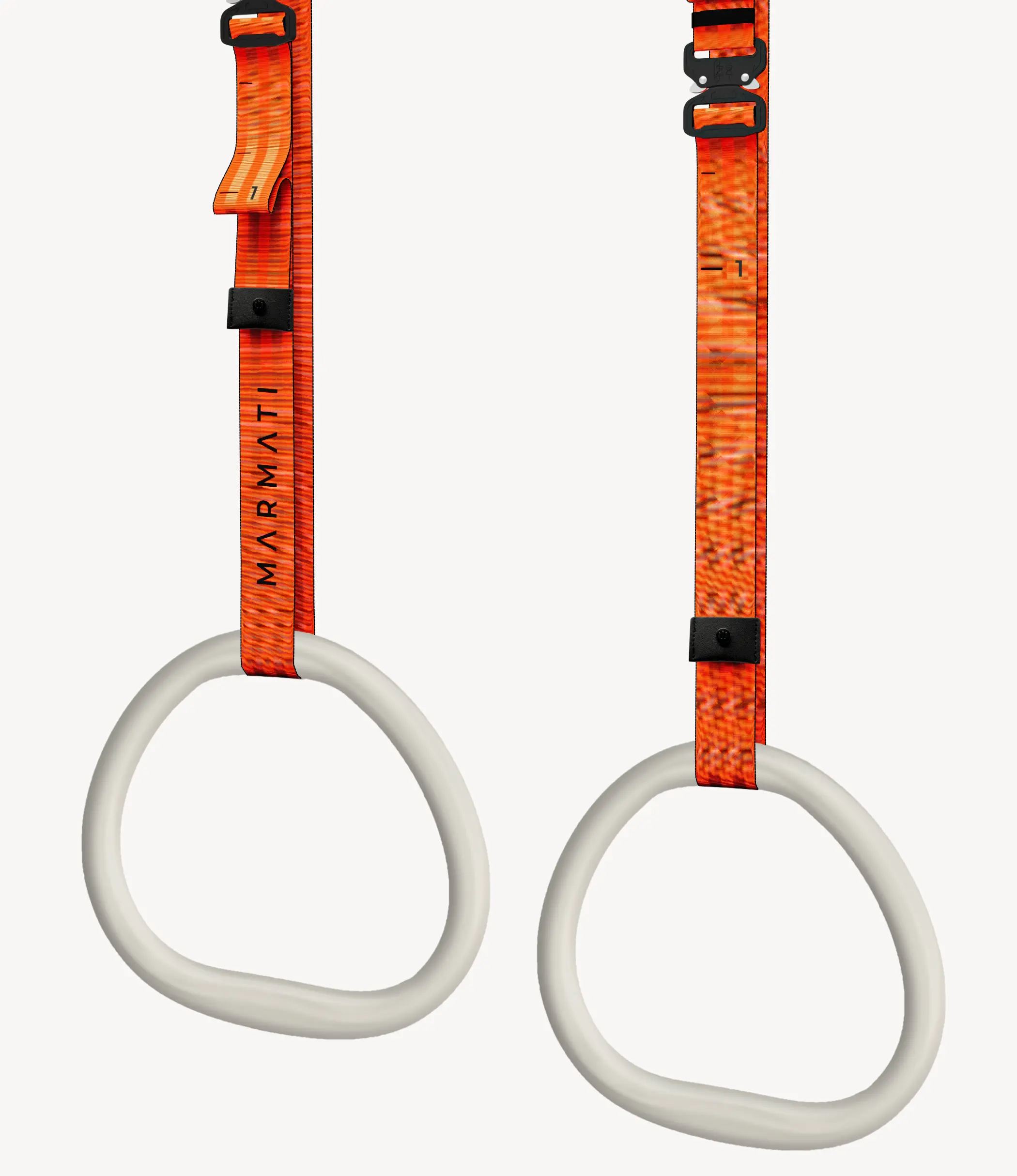 Set of adjustable gymnastic rings featuring smooth ergonomic handles for calisthenics exercises.